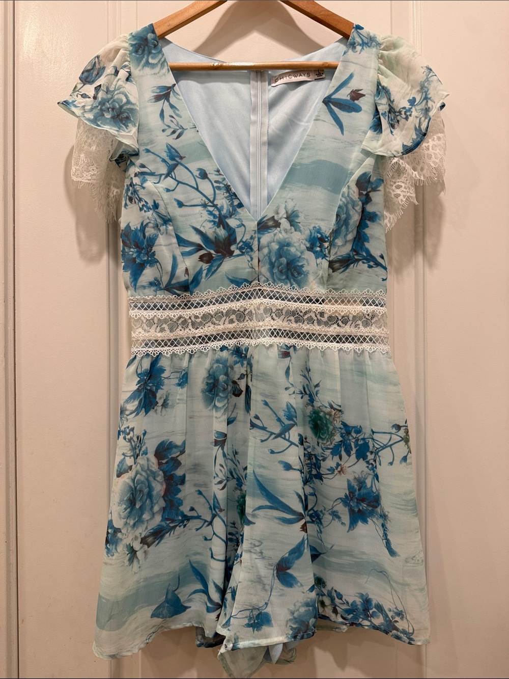 Girls Light Blue Floral Lace-Trim Romper
